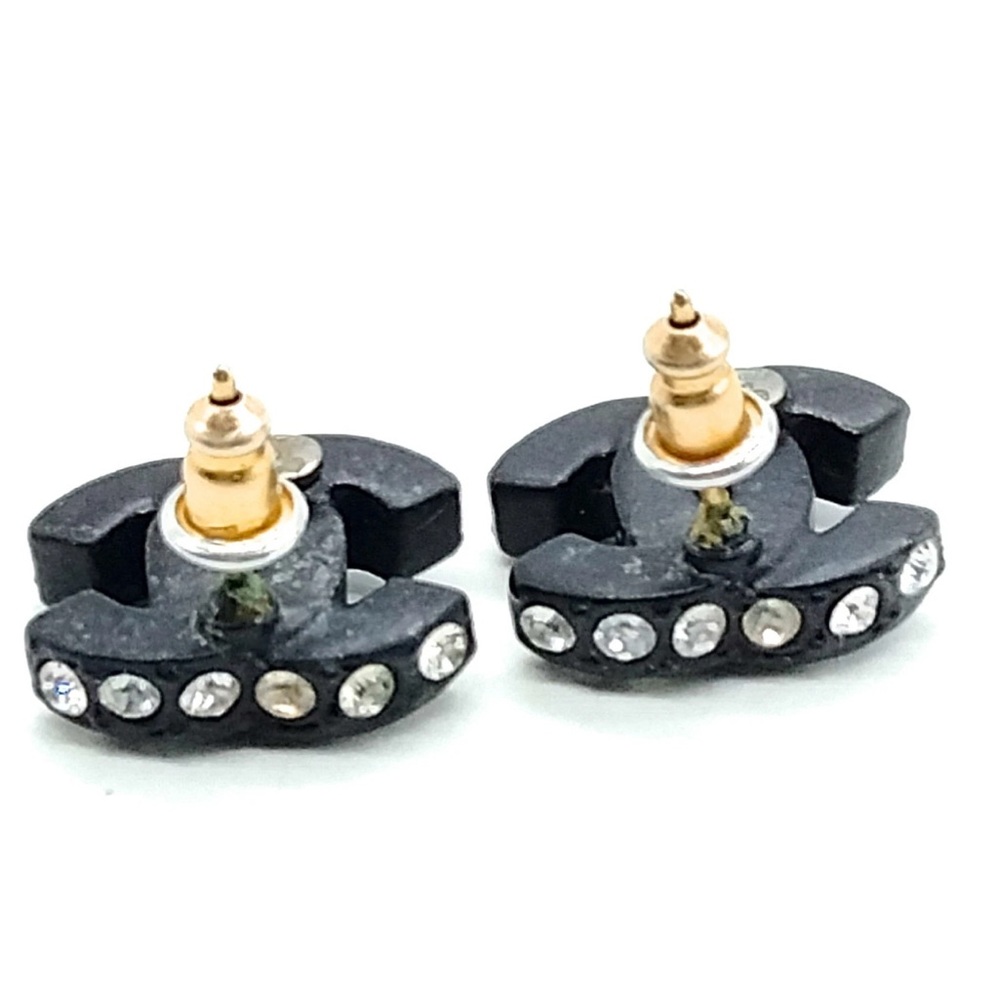 CHANEL Black and Silver Crystal Stud Pierced Earrings - Picture 2 of 7